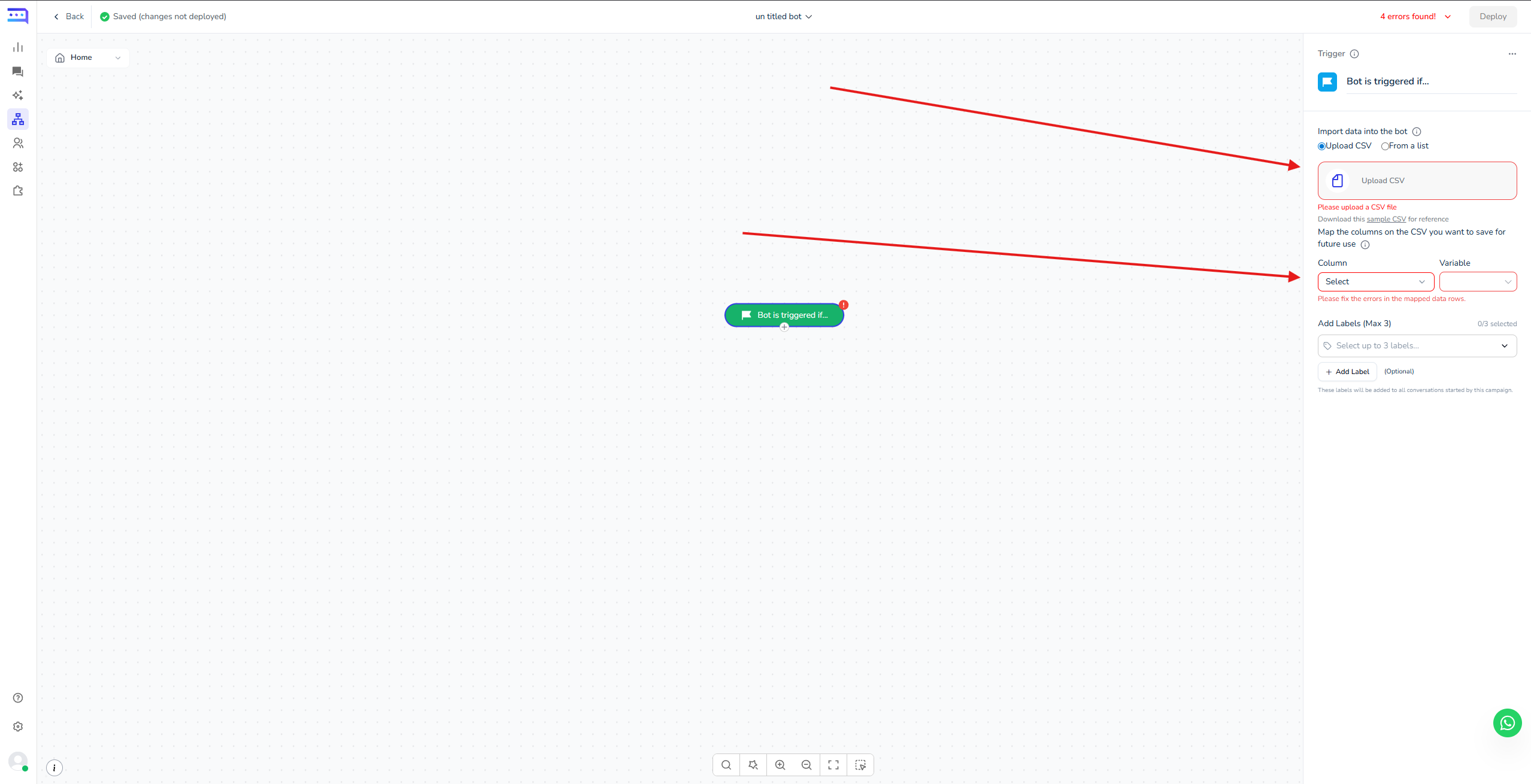 بانل التشغيل يعرض خيار رفع CSV وحقول ربط الأعمدة بالمتغيرات