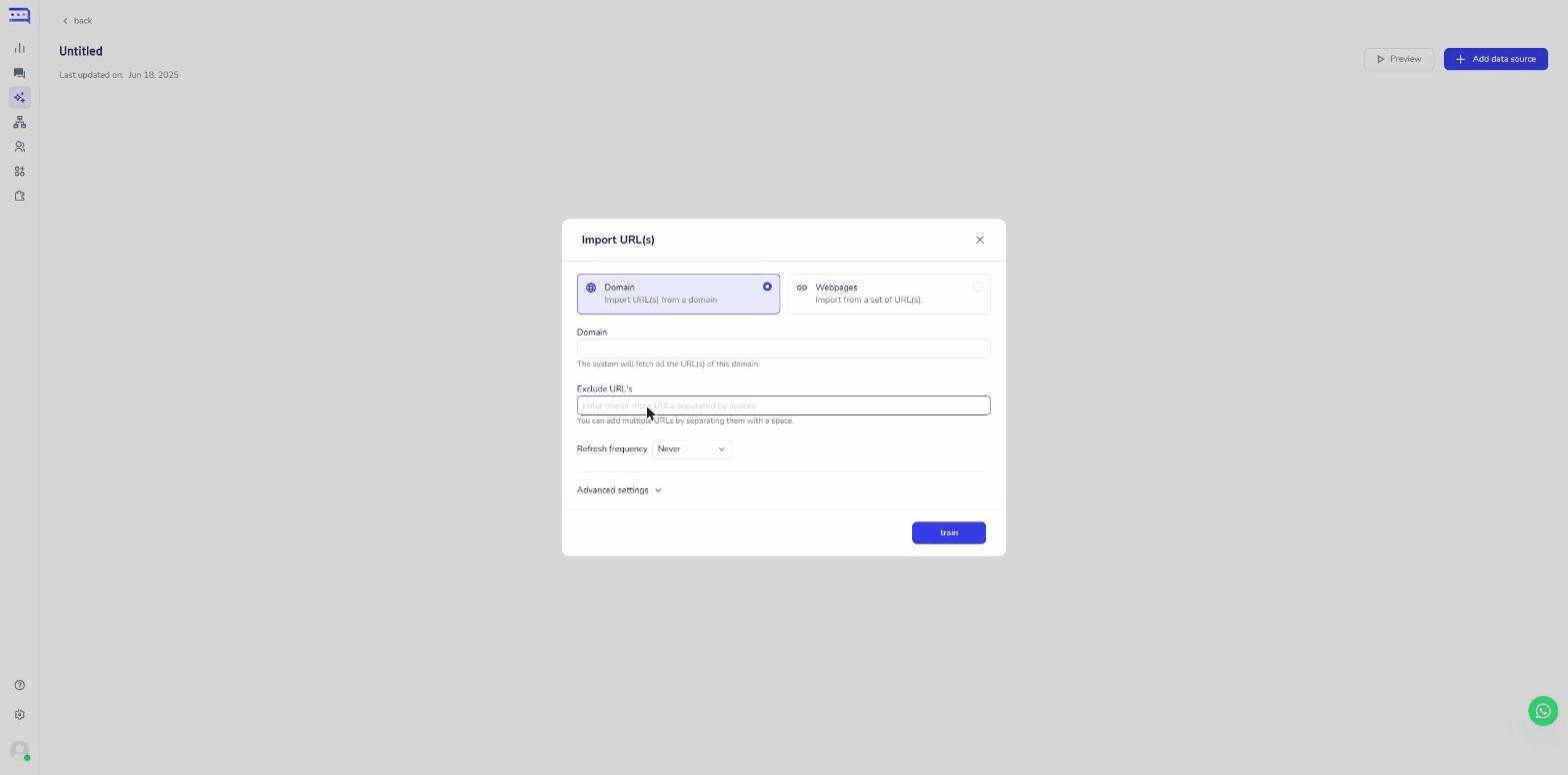 نافذة استيراد الروابط وعليها تبويب Domain