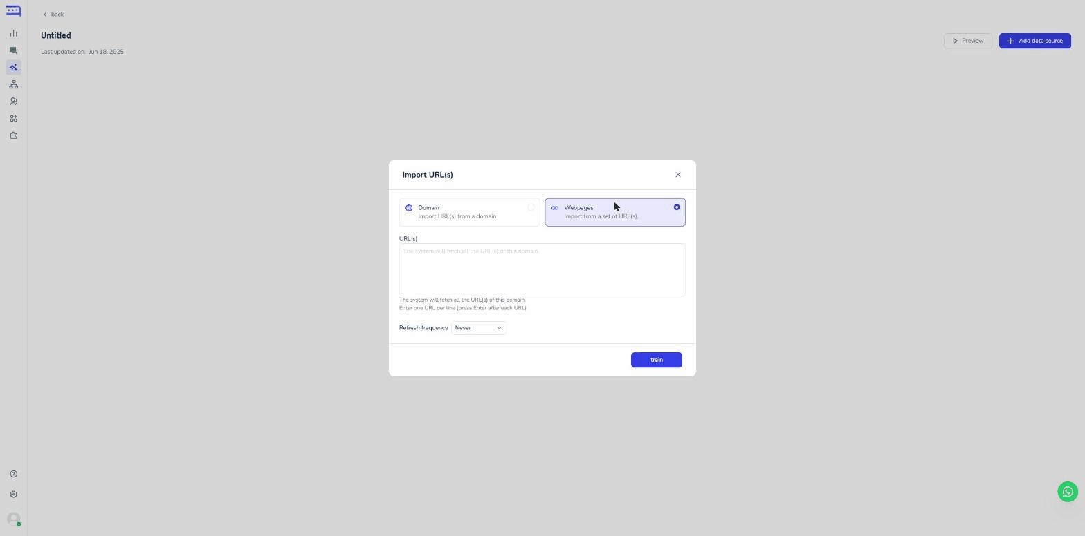 نافذة استيراد الروابط وعليها تبويب Webpages مع مربع نص لكتابة الروابط