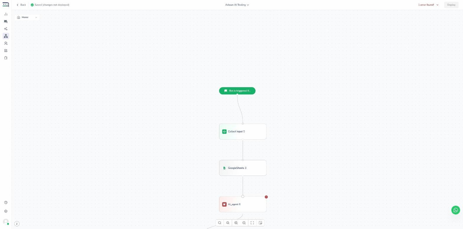 تدفق البوت مع أدوات Collect Input و GoogleSheets و AI_agent موصولة