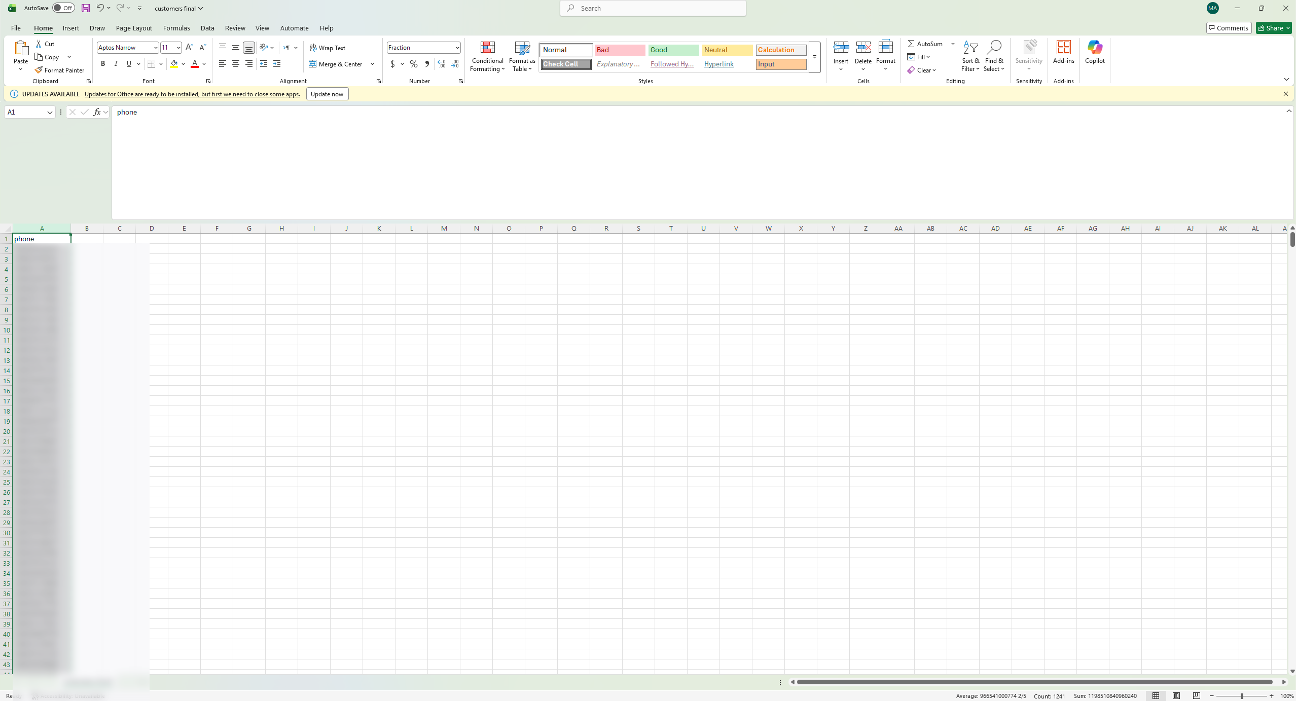 ورقة Excel فيها عمود phone في السطر الأول وأرقام الجوالات تحته (الأرقام مموّهة لحماية الخصوصية)